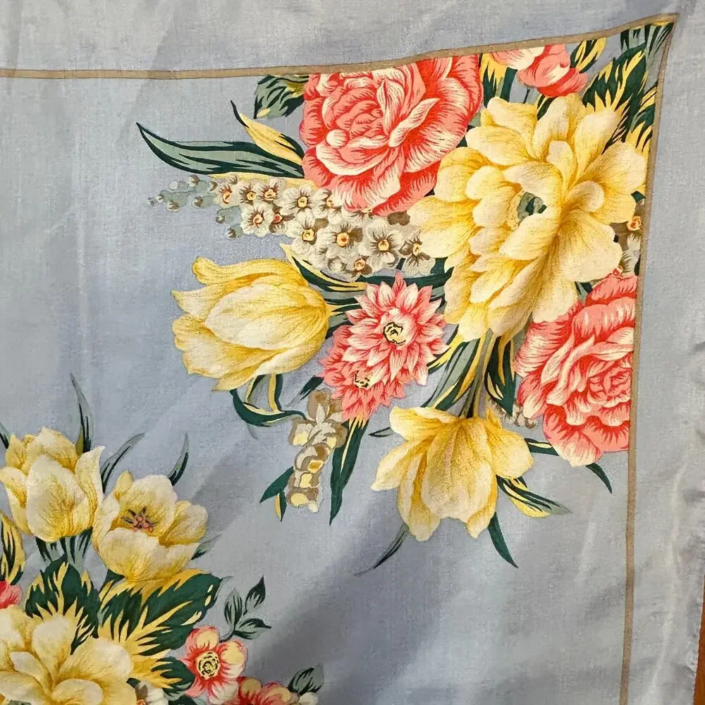 Vintage 60s Silk Floral Scarf Powder Blue Yellow Roses Large 31x31 Mint
